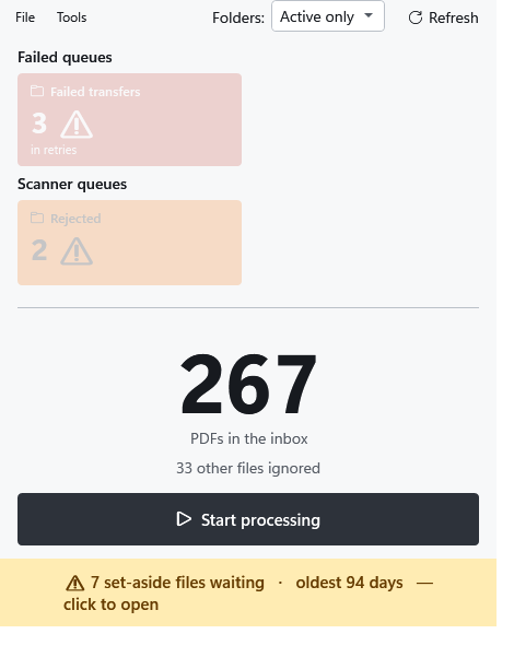 The OrdoSort main window: a live inbox count and monitored-folder tiles, ready to file