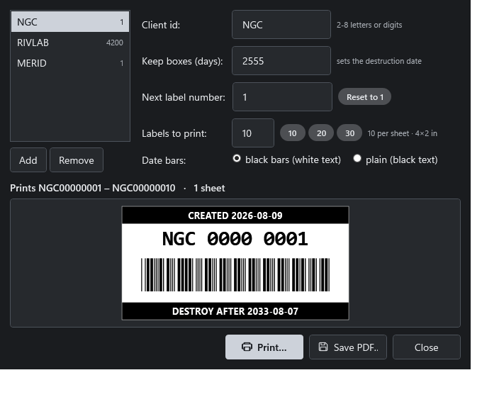 The Box labels tool: a live label preview with barcode and print layout