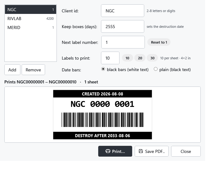 The Box labels tool: a live label preview with barcode and print layout