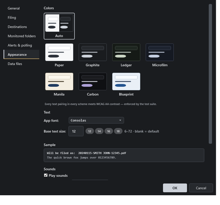 The Settings window on the Appearance page: seven color scheme cards with live previews