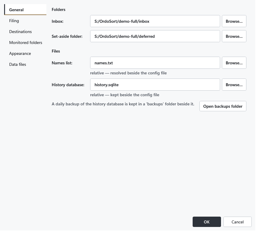 The Settings window: sectioned pages with live previews of routes and naming